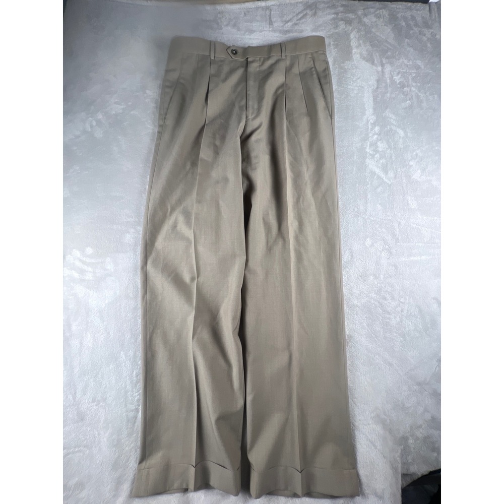 Brooks Brothers Stretch Tan Worsted Wool Pleated Cuffed Dress Pants Mens 34x31
